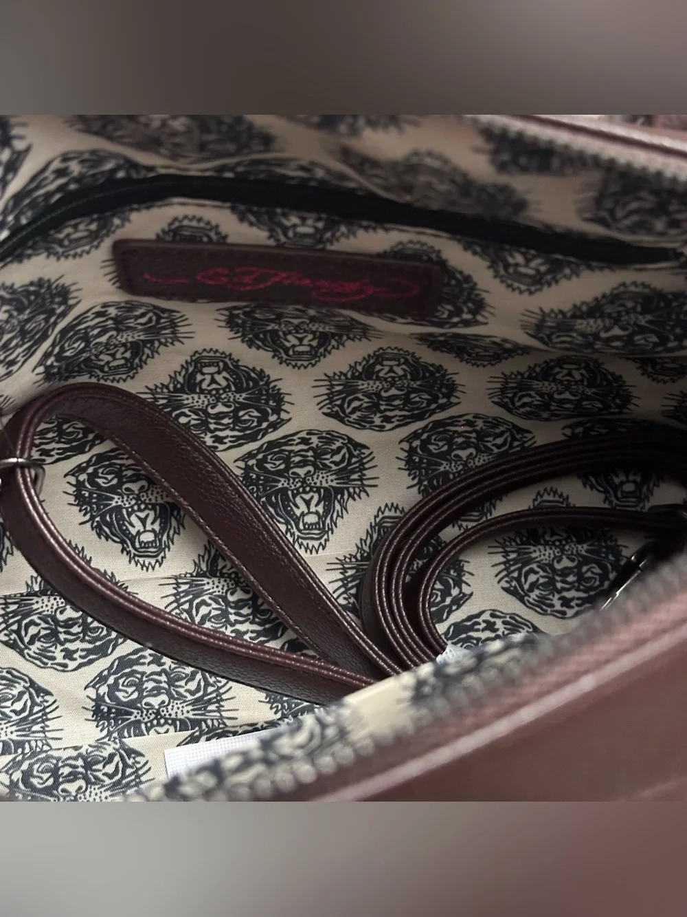 y2k Ed Hardy x Beyoncé brown satchel with pink floral and rhinestone accents